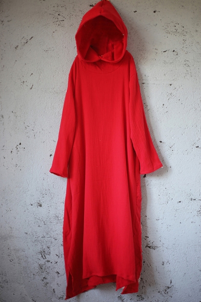 Womens Dress Vintage Solid Color Long Sleeve Hooded Maxi A-line Dress