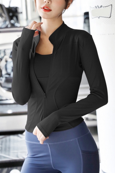 Workout Womens Jacket Plain Color Quick Dry Zipper Fly Skinny Fit Long Sleeve Stand Collar Yoga Jacket