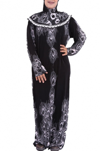Black Arabic Dress Flower Print Long Sleeve Hooded Maxi Shift Dress for Women