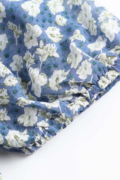 Blue Fashion Dress Ditsy Flower Print Short Sleeve Sweetheart Neck Ruffled Mini Fit Dress for Women