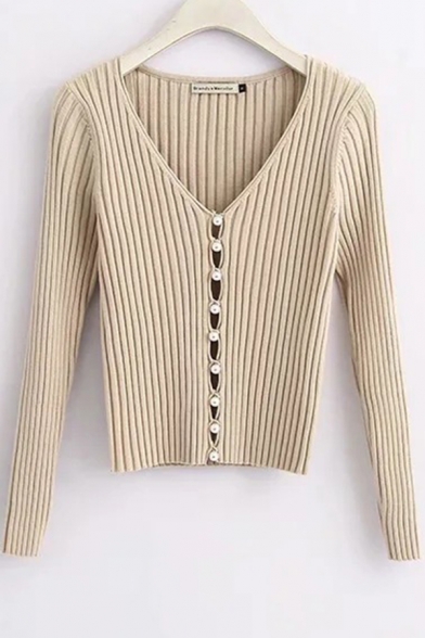 Chic Womens Cardigan Solid Color Pearl Button Long Sleeve Slim Fit Deep V Neck Cardigan