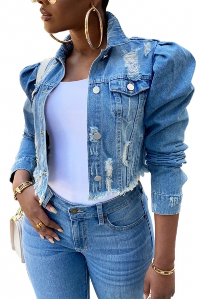 Chic Womens Jacket Faded Wash Ripped Frayed Hem Button down Long Puff Sleeve Slim Fit Cropped Denim Jacket