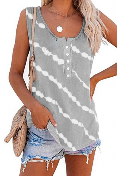 Classic Womens Tank Top Diagonal Stripe Pattern Button Detail Relaxed Fit Sleeveless Scoop Neck Tank Top