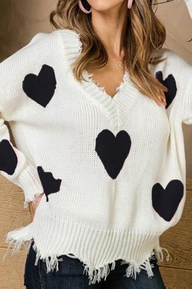 Fashionable Womens Sweater Heart Printed Knitted Tassel Long Sleeve V-neck Loose Fit Pullover Sweater Top