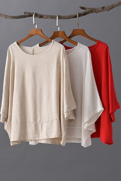 Ladies Basic T-shirt Solid Color 3/4 Sleeve Round Neck Linen and Cotton Loose Tee Top