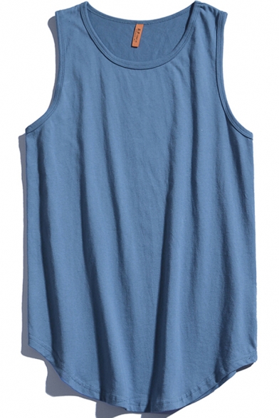 Leisure Mens Tank Solid Color Crew Neck Curved Hem Relaxed Tank Top