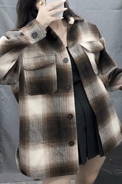 Popular Womens Coat Plaid Patterned Long Sleeve Spread Collar Button Up Flap Pockets Relaxed Fit Coat
