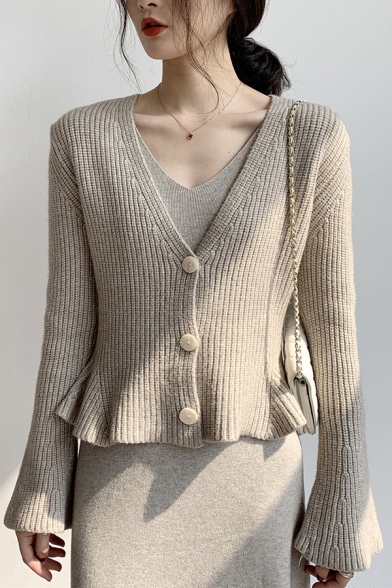 Pretty Ladies Cardigan Knit Bell Sleeve Deep V-neck Button Up Slim Fit Cardigan