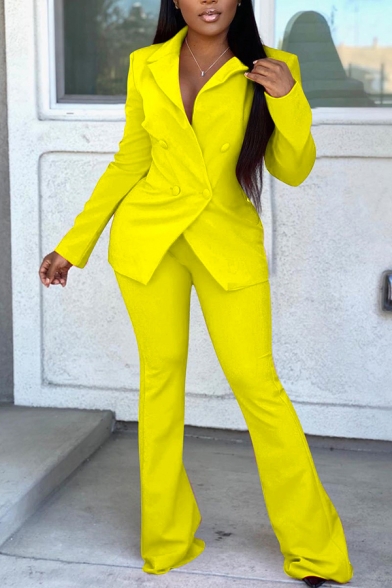 Trendy Womens Co-ords Plain Color Long Sleeve Lapel Collar Suit Jacket Slim Fitted Pants Set