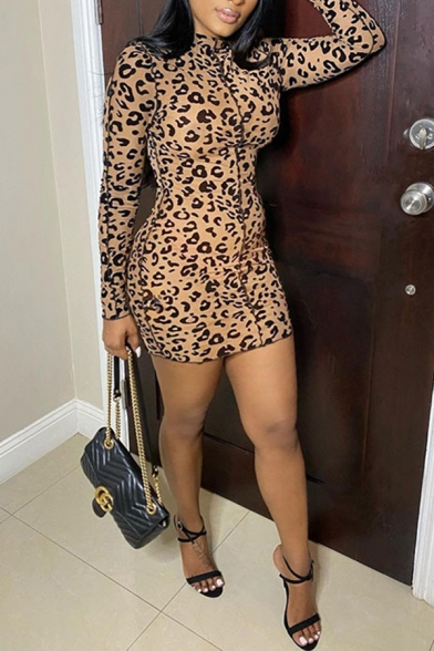 Trendy Womens Dress Leopard Skin Pattern Slim Fit Long Sleeve Mini Stand Collar Bodycon Dress