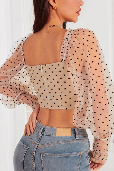 sheer polka dot puff sleeve top