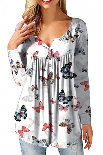 Casual Tee Top Flower Printed Long Sleeve Round Neck Button Up Loose Fit Tee Top for Women