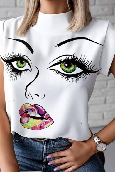 Chic Womens Shirt Eyelash Lip Plant Pattern Plain Cap Sleeve Stand Collar Loose Fit Tee Top