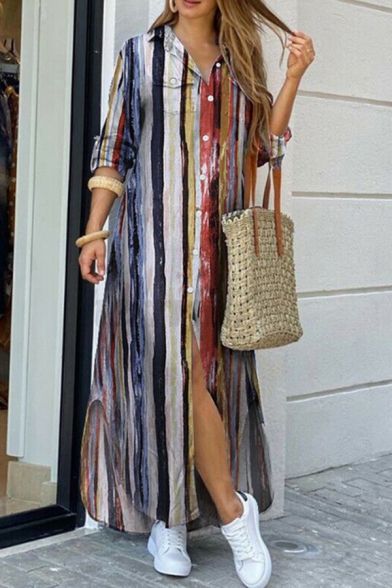 Classic Womens Dress Leopard Skin Floral Camo Stripe Pattern Long Sleeve Oversize Turn down Collar Maxi Shirt Dress