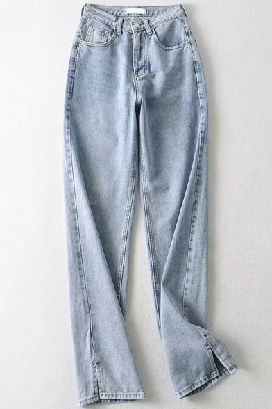 Classic Womens Jeans Faded Wash Zipper Fly High Waist Floor Length Split-Cuff Straight Jeans