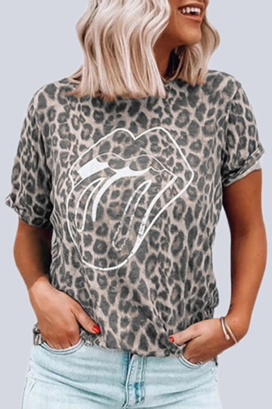 Girls Trendy T Shirt Lip Leopard Print Short Sleeve Crew Neck Relaxed Tee Top