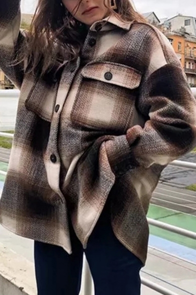 Popular Womens Coat Plaid Patterned Long Sleeve Spread Collar Button Up Flap Pockets Relaxed Fit Coat