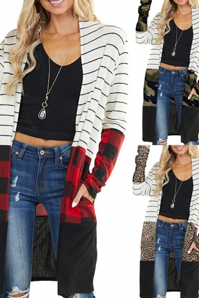 Street Womens Cardigan Stripe Plaid Print Long Sleeve Open Front Longline Relaxed Fit Cardigan