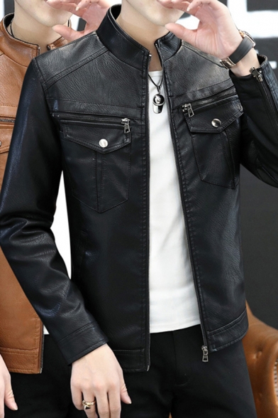 Trendy Mens Jacket Flap Chest Pockets PU Leather Zipper down Stand Collar Long Sleeve Slim Fit Moto Jacket