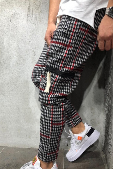 Trendy Pants Houndstooth Print Drawstring Waist Ankle Length Fitted Pants for Guys