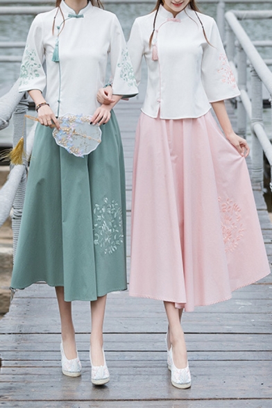 Womens Chinese Style Set Flower Print 3/4 Sleeve Mandarin Collar Relaxed Shirt & Mid A-line Skirt Set