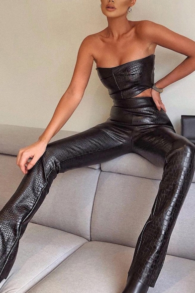 Womens Party Set Snake Leather Strapless Fit Crop Tube Top & Straight Pants Set in Black