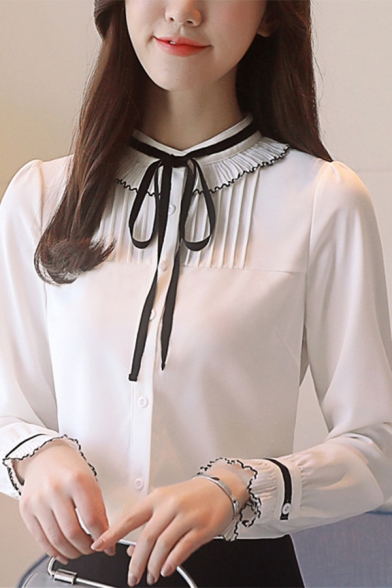 Womens Trendy Bow-Tied Collar Long Sleeve Button Down White Shirt Blouse
