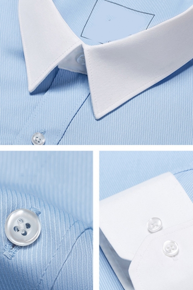 Basic Shirt Mens Contrast Trim Button up Point Collar Slim Fit Long Sleeve Shirt