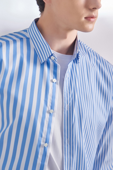 Basic Shirt Mens Stripe Print Button down Slim Fit Long Sleeve Point Collar Shirt