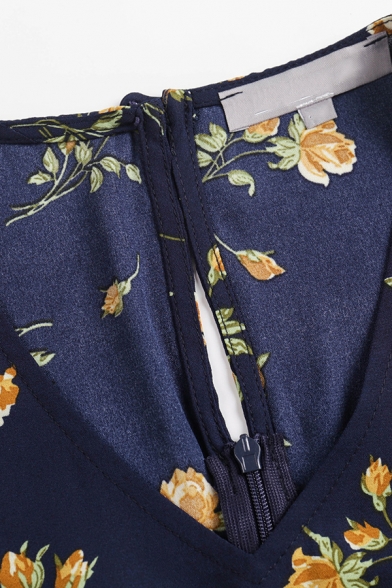 Chic Womens Dress Ditsy Floral Print Zipper Back V Neck Half Sleeve Midi A-Line Dress