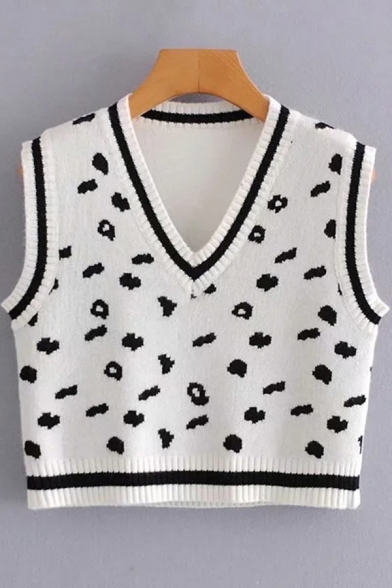 Classic Womens Sweater Vest Rhombus Leopard Skin Pattern Contrast-Trim Sleeveless Cropped Slim Fit Cropped Sweater Vest