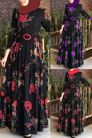 Ethnic Dress Floral Printed Long Sleeve Round Neck Maxi A-line Pleated Dress for Women