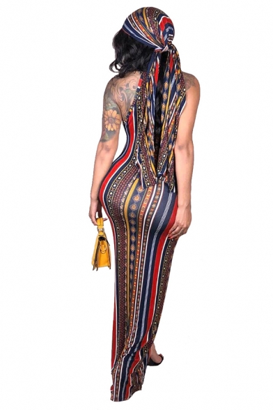 Ethnic Womens Dress Geometric Printed Sleeveless Crew Neck Maxi Shift Tank Dress in Brown