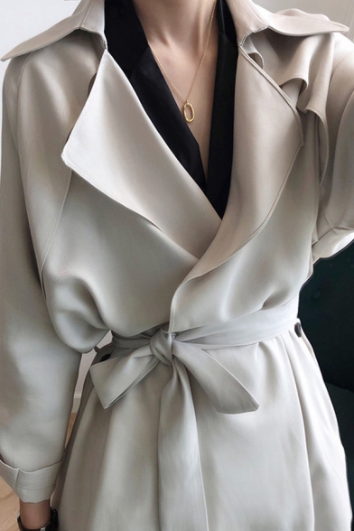 Fashion Ladies Coat Solid Color Long Sleeve Notched Collar Bow Tied Waist Longline Loose Fit Trench Coat