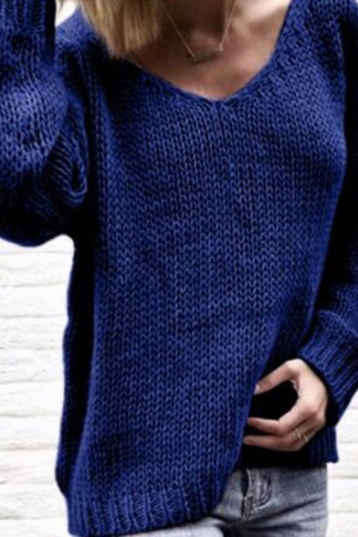 Fashionable Womens Sweater Solid Color Long Sleeve Relaxed Fit V Neck Sweater