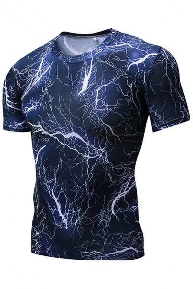 Gym Mens T-Shirt Lightning Print Skinny Fit Quick Dry Short Sleeve Crew Neck Tee Top