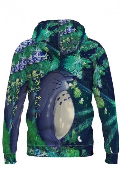 Hot Fashion Comic Totoro 3D Print Loose Fit Drawstring Hoodie in Green