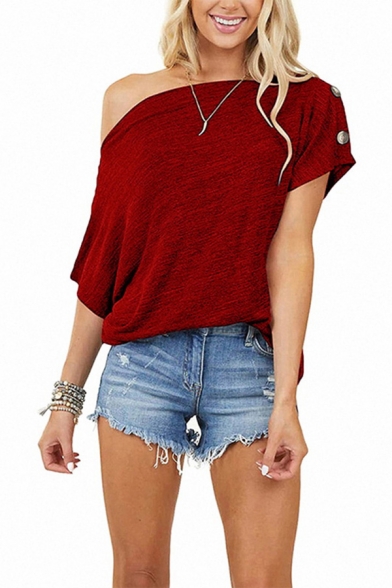 Popular T Shirt Solid Color Asymmetric Short Sleeve Oblique Shoulder Relaxed Fit Tee Top for Women