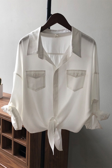 Simple Womens Shirt Solid Color Roll Up Sleeve Spread Collar Button Up Tied Hem Relaxed Shirt Top