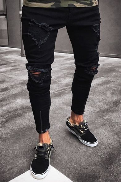 Street Boys Jeans Distressed Mid Rise Ankle Fitted Jeans in Black