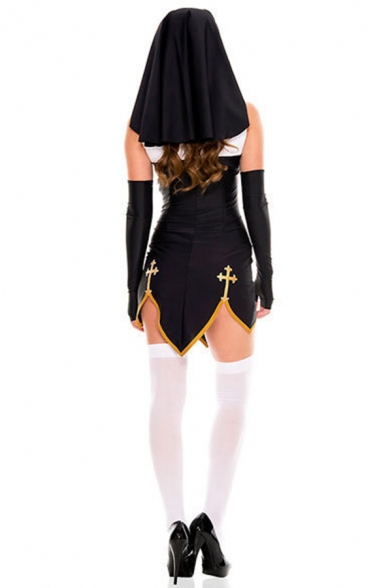 Womens Co-ord Stylish Virgin Mary Costume Halloween Slim Fit Mini Nun Dress Set