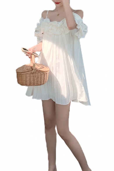 Womens Dress Stylish Plain Color Ruffle Trim Cold Shoulder Short Sleeve Loose Mini Beach Dress
