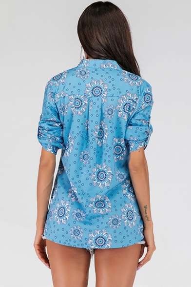 Womens Ethnic Shirt Flower All Over Print Long Sleeve Deep V-neck Relaxed Fit Shirt Top in Blue