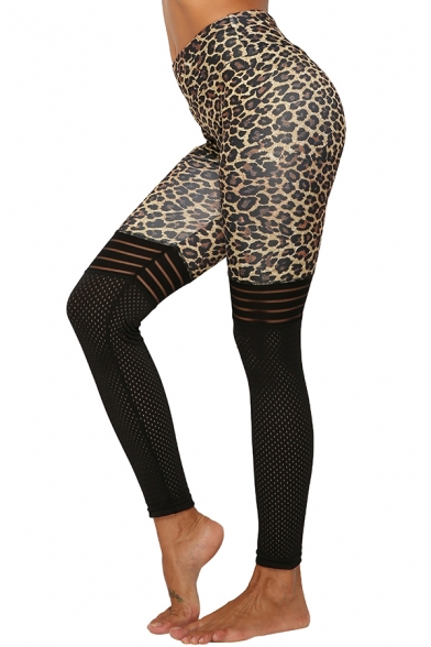 Womens Leggings Athletic Contrast Leopard Skin Pattern Mesh Patchwork High Waist Ankle Length Skinny Fit Yoga Leggings