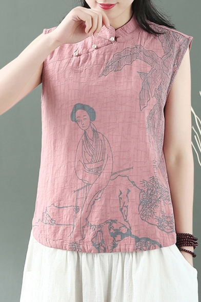 Womens Vintage Tank Linen and Cotton Cartoon Print Sleeveless Mandarin Collar Frog Button Relaxed Fit Tank Top