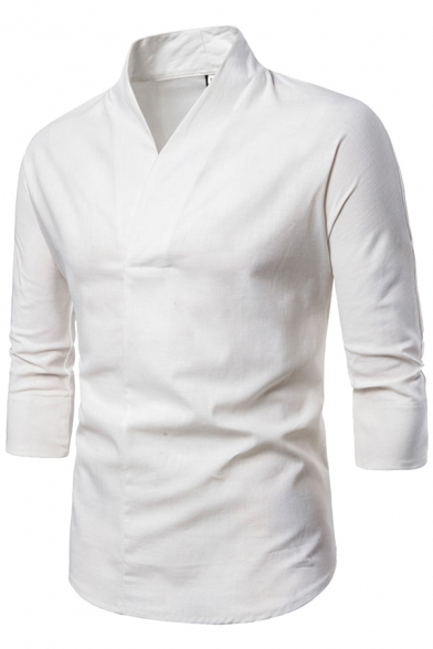 Classic Mens Tee Shirt Plain Color Linen V Collar Half Sleeve Slim Fit T-Shirt