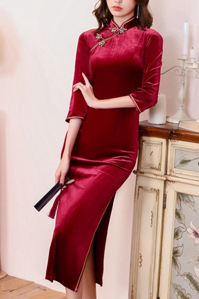 Elegant Womens Dress Velvet Half Sleeve Mandarin Collar Frog Button Slit Sides Mid Shift Dress in Burgundy