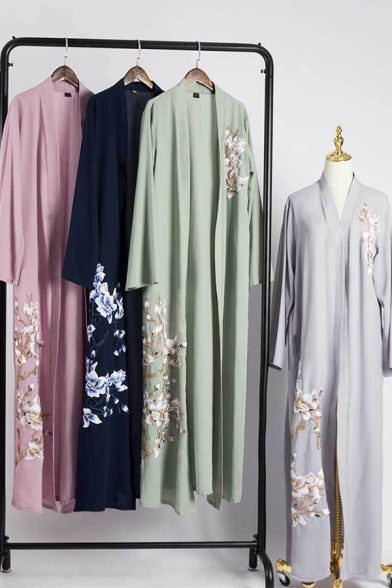 Ethnic Womens Coat Flower Print Long Sleeve Tied Waist Maxi Oversize Coat