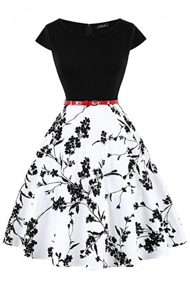 Fashion Dress Flower Printed Short Sleeve Crew Neck Belter Midi Pleated A-line Dress for Women