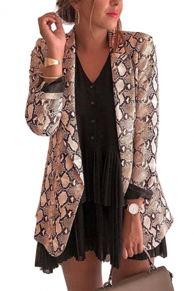 Fashion Khaki Snakeskin Pattern Lapel Collar Slim Fit Blazer Jacket